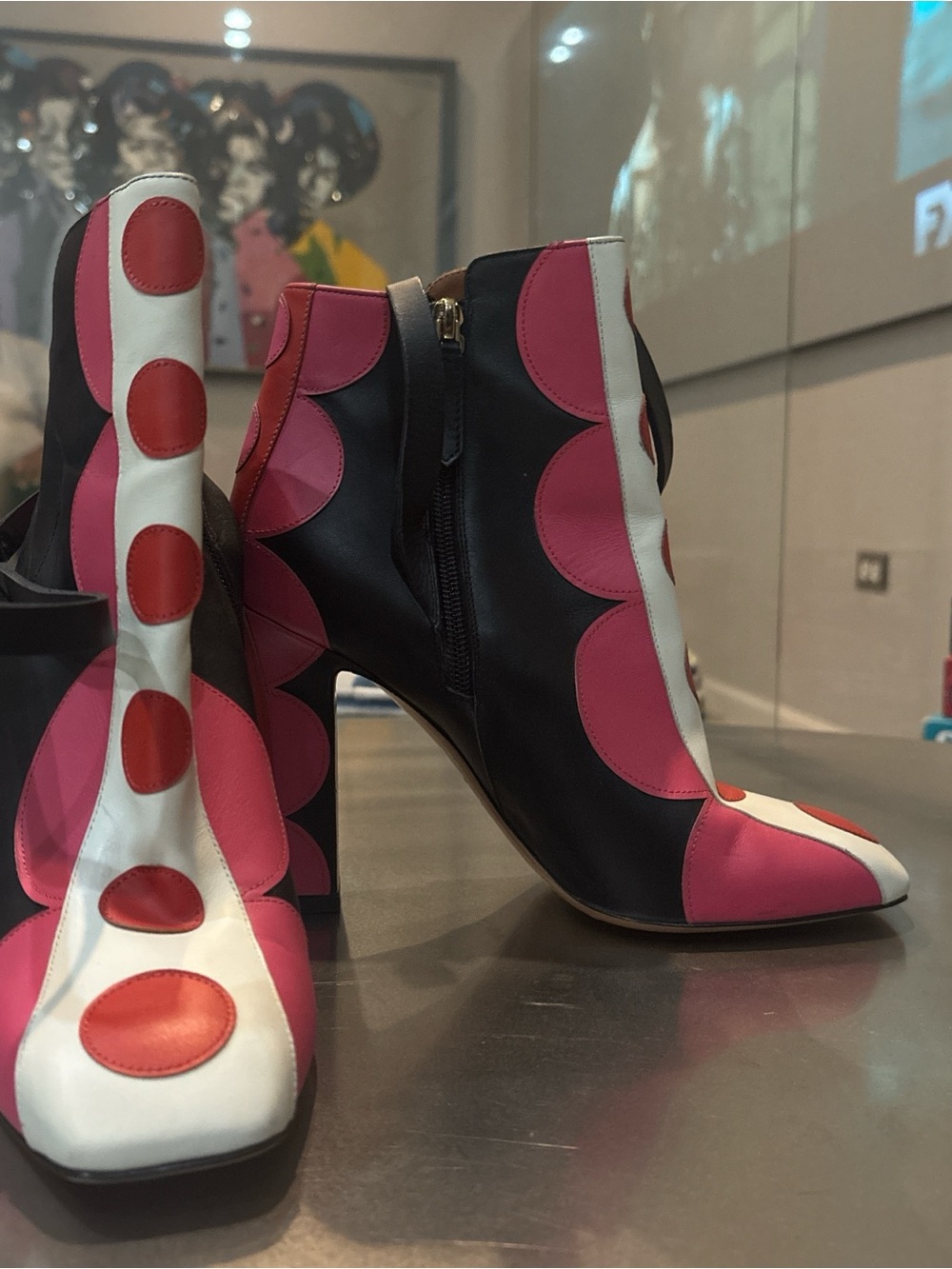 Women's Black and Pink Scallop Ankle Boots